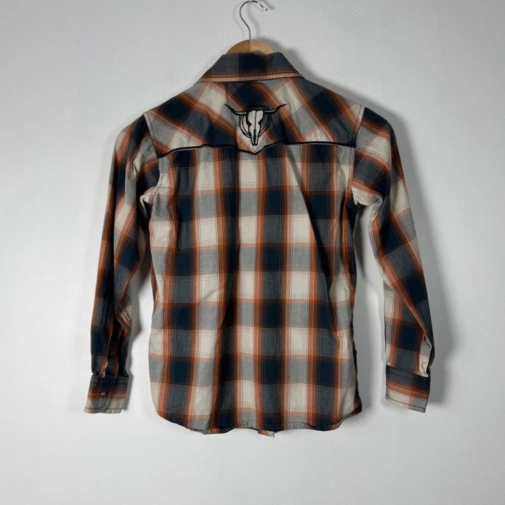 Western Cowboy Hardware Kids Med Shirt Orange Blue Plaid Bull‎ Skull Snap Front